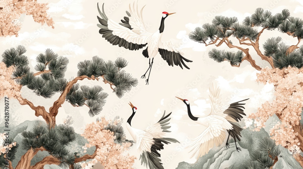 Aufkleber a digital rendering of a traditional japanese fabric pattern featuring cranes and pine trees in deli
