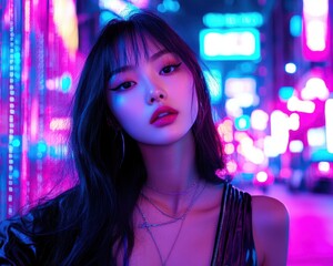 Asian girl in futuristic neon street style, bright cityscape pop art background, urban and cool