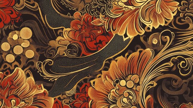 A digital rendering of an Indonesian fabric pattern featuring intricate parang motifs in warm browns and golds, reflecting cultural heritage in a modern design.