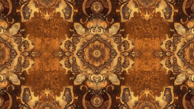 A digital rendering of an Indonesian fabric pattern featuring intricate parang motifs in warm browns and golds, reflecting cultural heritage in a modern design.