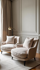 Fototapeta premium Two Beige Armchairs in a Modern Living Room