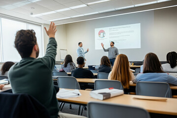A student raises their hand to ask a question during a lecture in a college classroom.