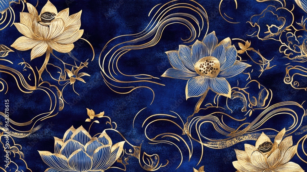 Poster a high-resolution digital rendering of a chinese fabric pattern with stylized lotus flowers and swir