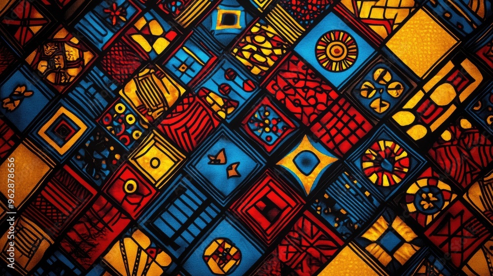 Poster a high-resolution digital rendering of a ghanaian fabric pattern with vibrant kente designs in rich 
