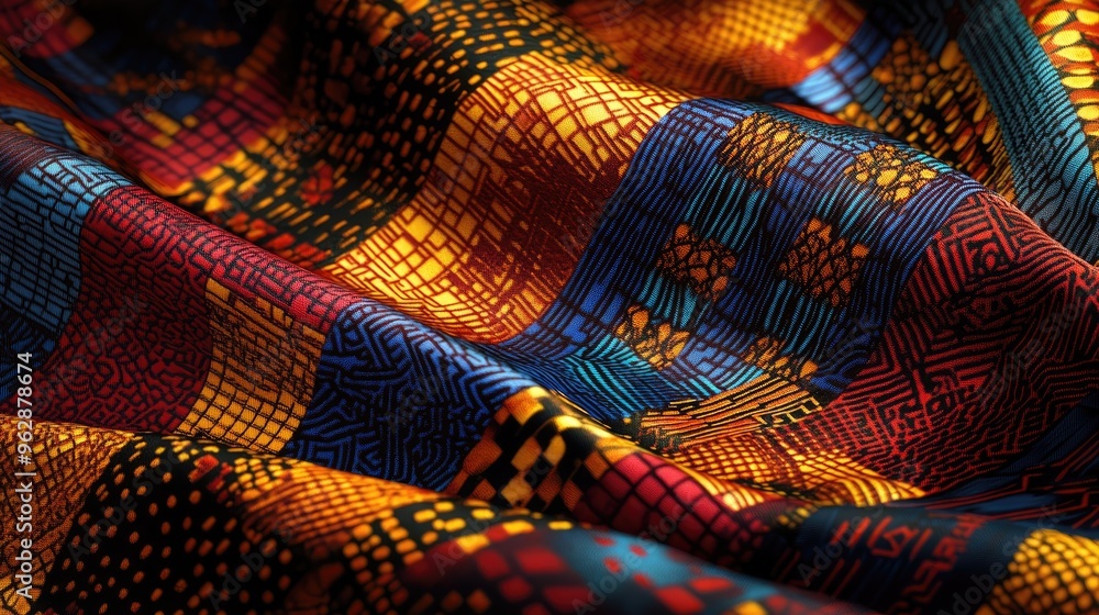 Poster a high-resolution digital rendering of a ghanaian fabric pattern with vibrant kente designs in rich 