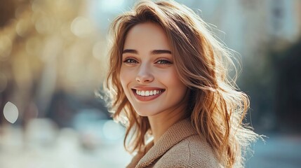 Fototapeta premium Beautiful young blonde woman smiling happily while looking at camera outdoors