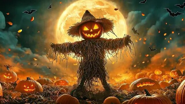 A mysterious scarecrow stands in a pumpkin-filled field under a glowing full moon, surrounded and flying autumn leaves.
