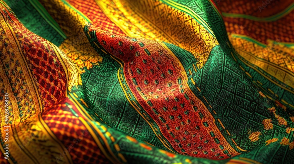 Poster a high-resolution digital rendering of a ghanaian fabric pattern with intricate motifs and vibrant s