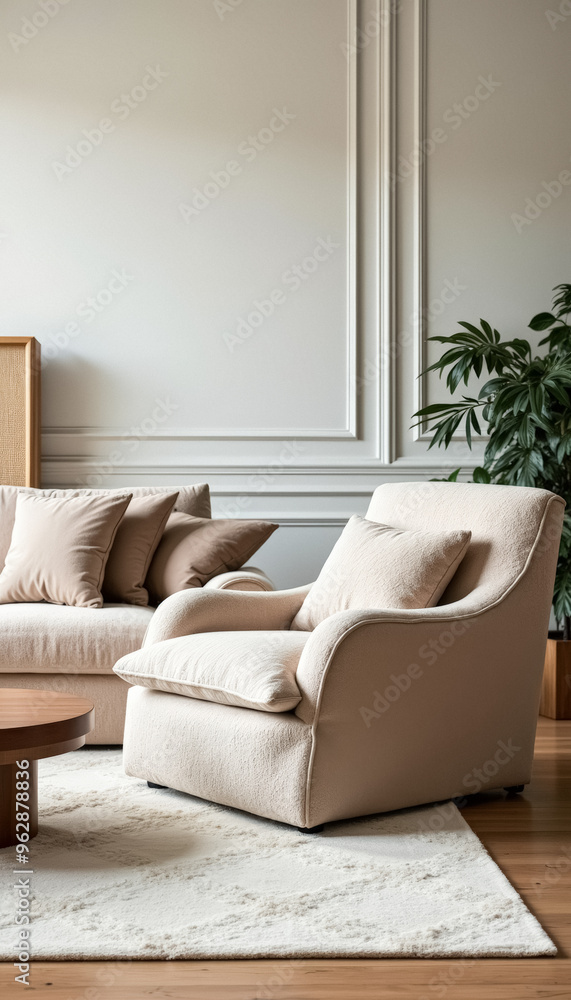 Sticker Beige Armchair with Pillows in Minimalist Living Room