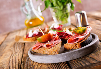 Traditional Spanish Jamon Serrano ham, Prosciutto Crudo, Parma ham, Italian antipasto