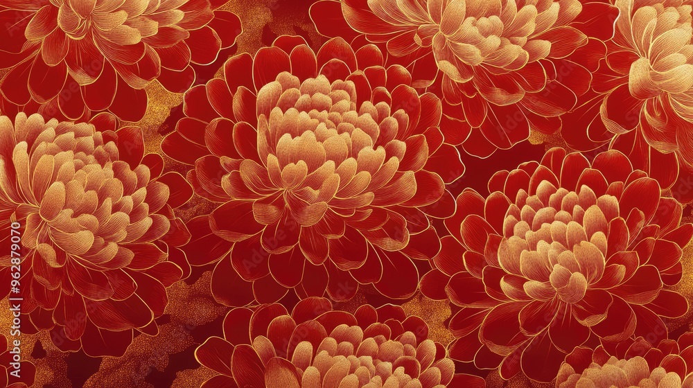 Aufkleber a high-resolution digital rendering of a japanese fabric pattern with repeating chrysanthemum motifs