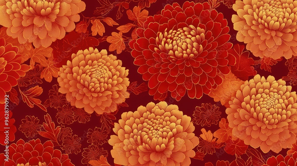 Aufkleber a high-resolution digital rendering of a japanese fabric pattern with repeating chrysanthemum motifs