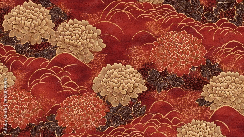 Poster a high-resolution digital rendering of a japanese fabric pattern with repeating chrysanthemum motifs