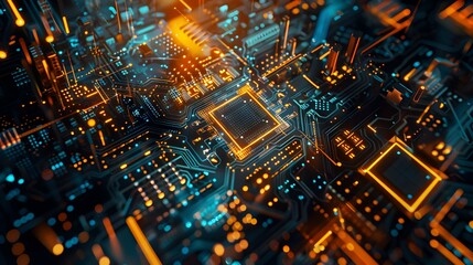 Abstract Futuristic Circuit Board with Glowing Wires and Microchip