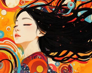 Naklejka premium Asian girl with flowing hair, surrounded by colorful abstract shapes, energetic pop art
