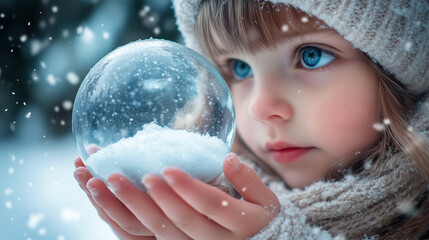 Naklejka premium Young child holds a shimmering snow globe filled with lights during a snowy evening in winter wonderland. Generative AI. 
