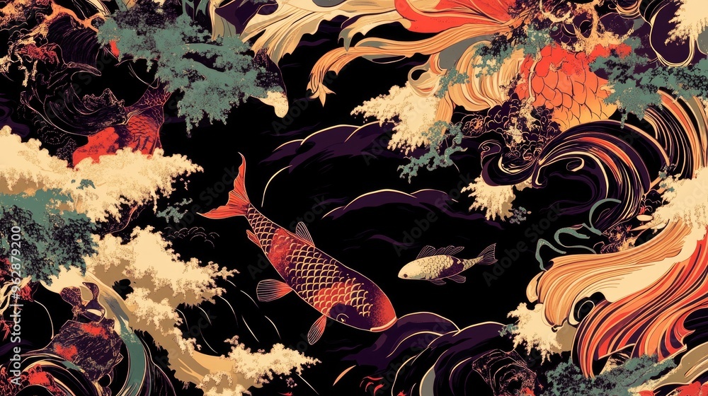 Poster a high-resolution digital rendering of a japanese fabric pattern featuring bold and modern interpret