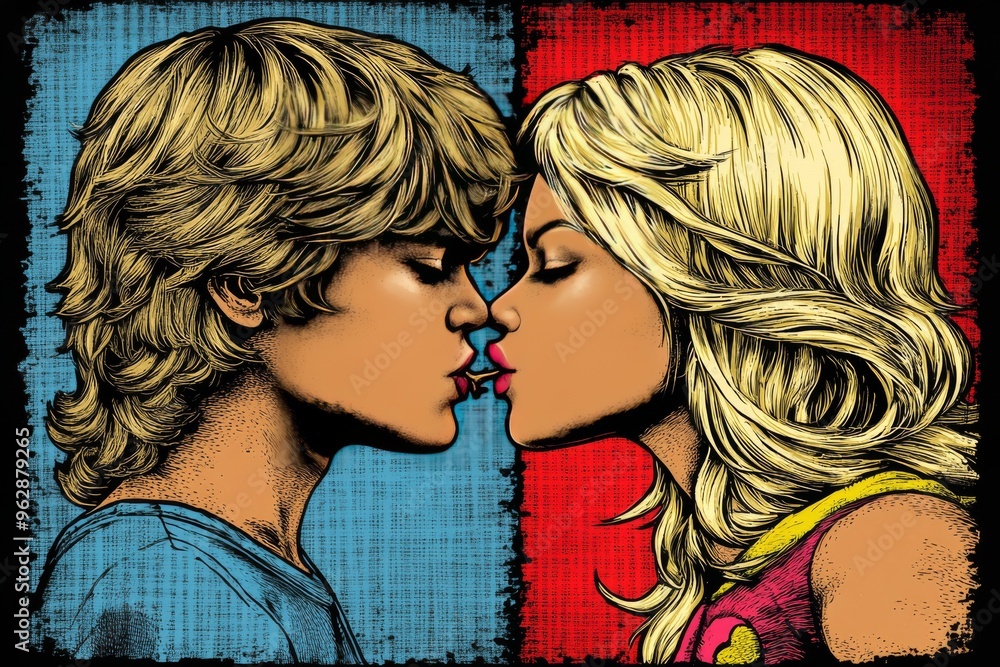 Poster neuro interfaces cognitive psychology comic style couple kissing with visible brains symbolizing emo