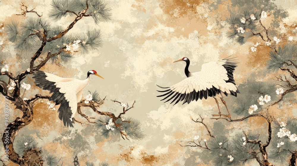 Aufkleber a high-resolution digital rendering of a japanese fabric pattern with stylized cranes and pine trees