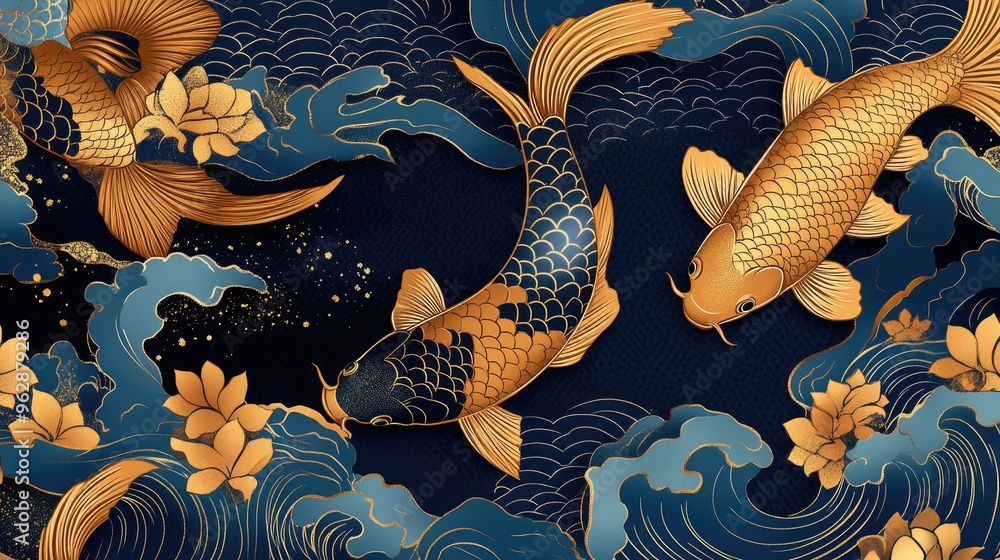 Poster a high-resolution digital rendering of a japanese fabric pattern showcasing koi fish and waves in ri