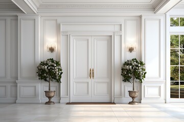 3d render of a white door in a white wall with plants