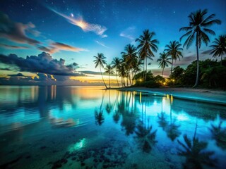 Mysterious twilight coastal scenery with bioluminescent plankton glowing amidst shallow turquoise waters and silhouetted palm trees in a serene tropical atmosphere