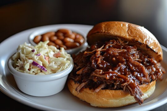 BBQ pulled pork served on a toasted bun with coleslaw and a side of baked beans