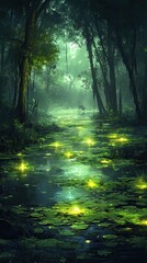 Fototapeta premium An eerie swamp with glowing will-o'-the-wisps