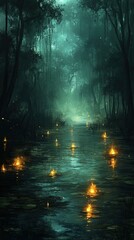 Naklejka premium An eerie swamp with glowing will-o'-the-wisps