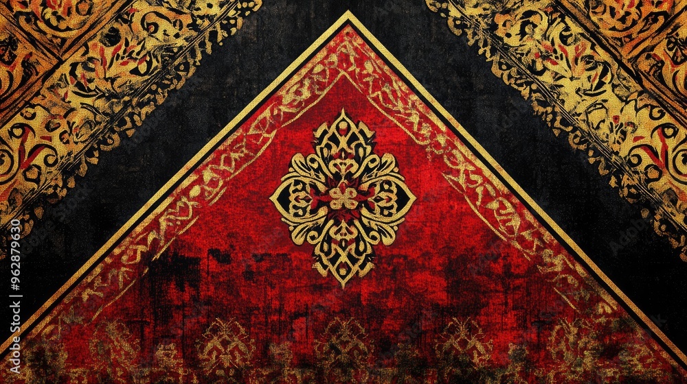 Poster a high-resolution digital rendering of a lao textile pattern showcasing intricate designs with bold 