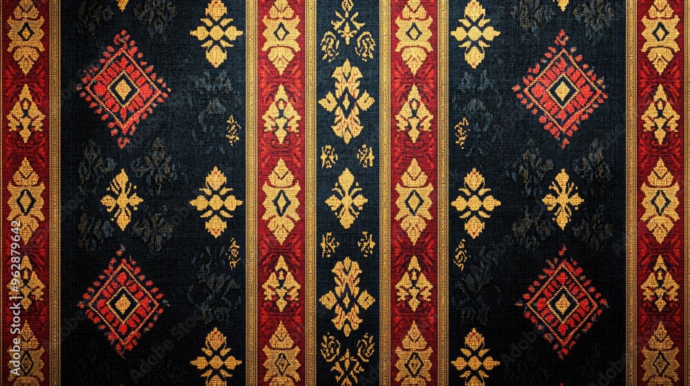 Poster a high-resolution digital rendering of a lao textile pattern showcasing intricate designs with bold 