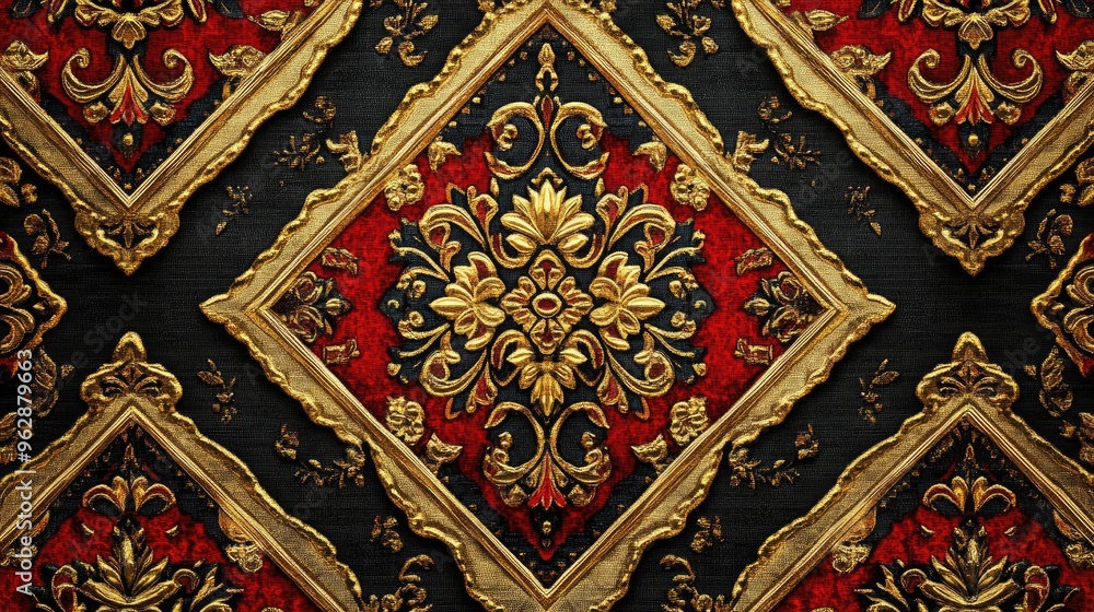 Poster a high-resolution digital rendering of a lao textile pattern showcasing intricate designs with bold 