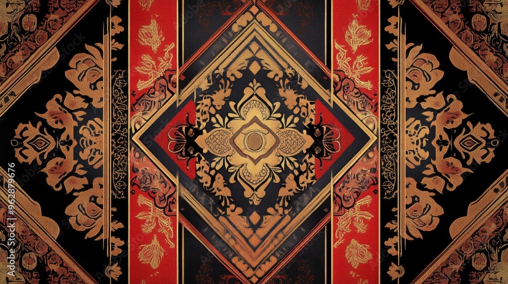 Poster a high-resolution digital rendering of a lao textile pattern showcasing intricate designs with bold 