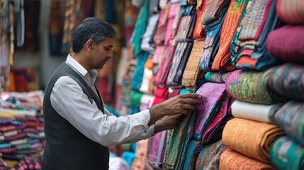 Obraz premium Man Shopping for Fabrics in a Colorful Market