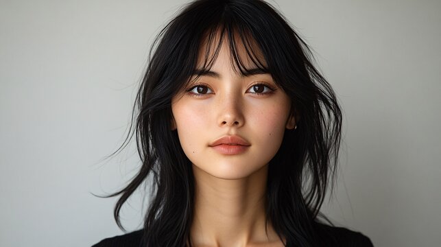 portrait of a woman with long hair, bangs, and a black outfit. She has soft facial features and looks directly at the camera in front of her, against a white background