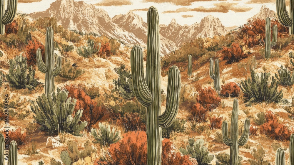 Poster a high-resolution digital rendering of a mexican fabric pattern with repeating motifs of cacti and d