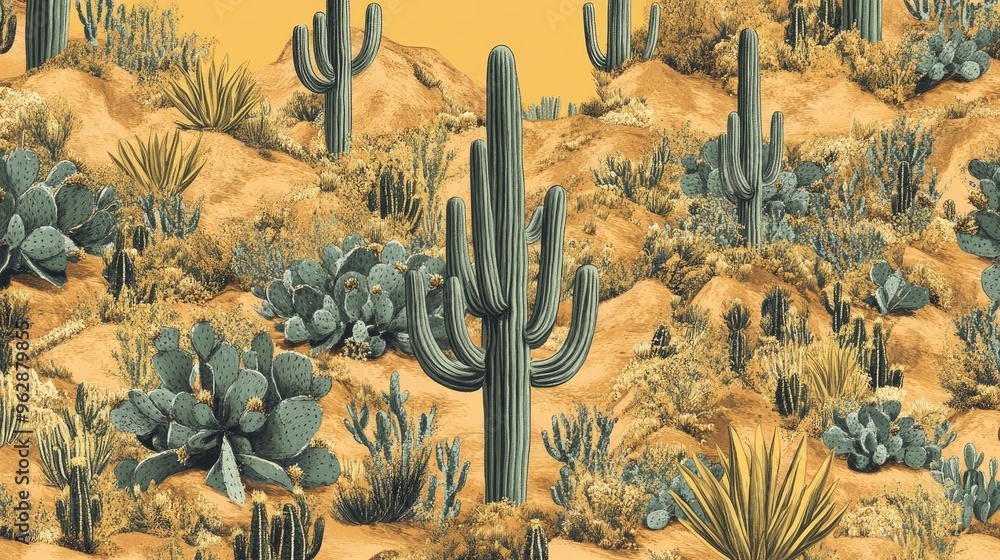 Poster a high-resolution digital rendering of a mexican fabric pattern with repeating motifs of cacti and d