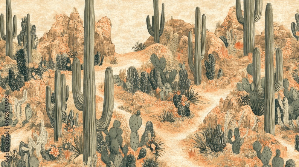 Poster a high-resolution digital rendering of a mexican fabric pattern with repeating motifs of cacti and d