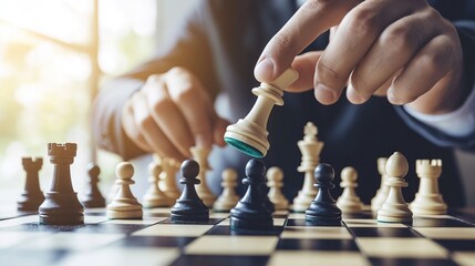 Man moves king chess piece on chess board. Chess game strategy concept