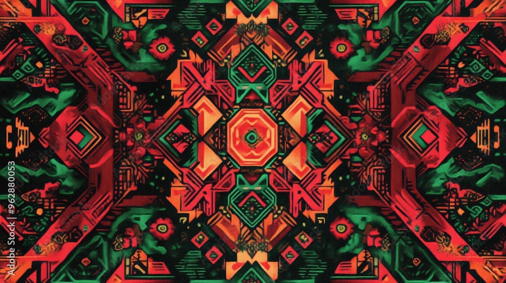 Poster a high-resolution digital rendering of a peruvian textile pattern with abstract geometric designs in