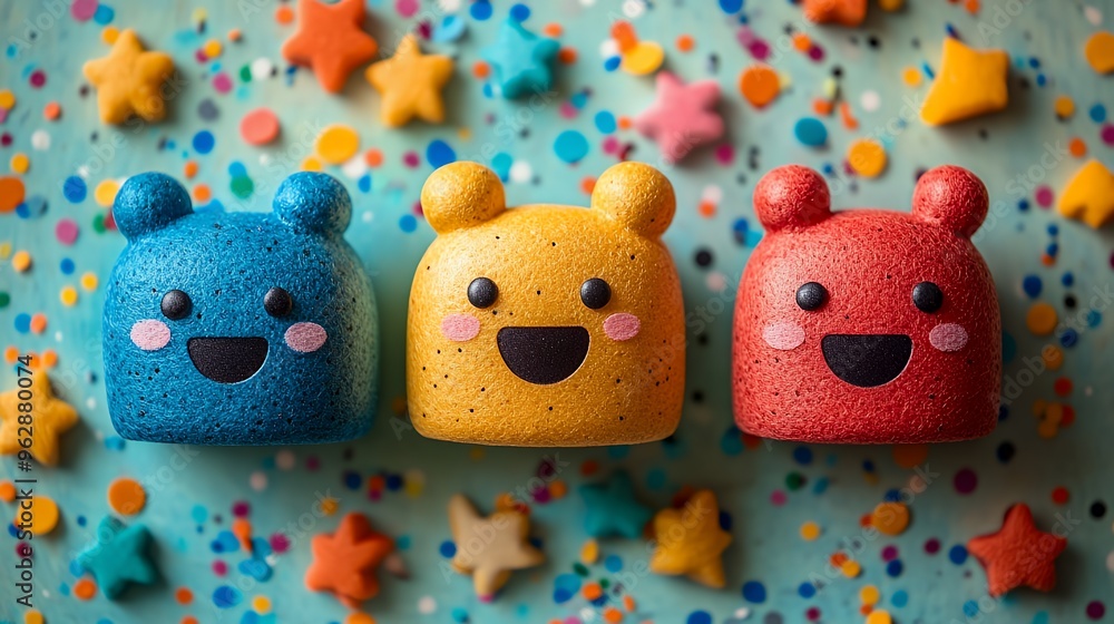 Poster three colorful smiling toy figures with happy faces on a blue background with colorful sprinkles.