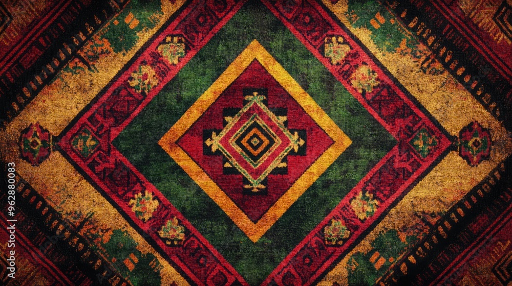 Poster a high-resolution digital rendering of a peruvian textile pattern with abstract geometric designs in