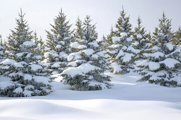 A serene winter landscape featuring snow-covered evergreen trees, creating a peaceful and tranquil atmosphere.