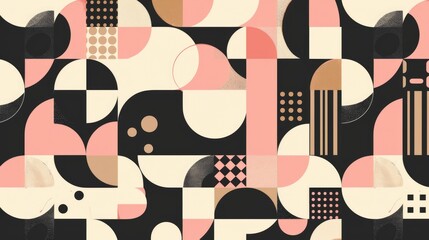 Abstract Bauhaus style seamless pattern with geometric shapes featuring shapes and clean lines in black, rose and beige