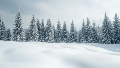 Obraz premium A serene winter landscape featuring snow-covered ground and tall evergreen trees under a cloudy sky.