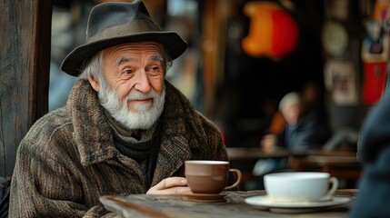 An old man having a cup of tea with an old friend and a chat