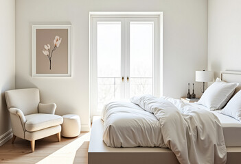 Fototapeta premium Minimalist Bedroom with White Bed and Armchair