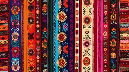 A high-resolution digital rendering of a traditional Peruvian fabric pattern with vibrant, multicolored stripes and complex motifs, perfect for festive and cultural textile designs.