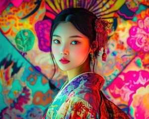 Asian girl in traditional dress, contrasted with a modern neon pop art background, culture fusion