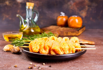 Raw chicken meat shish kebab skewers. chicken with spice